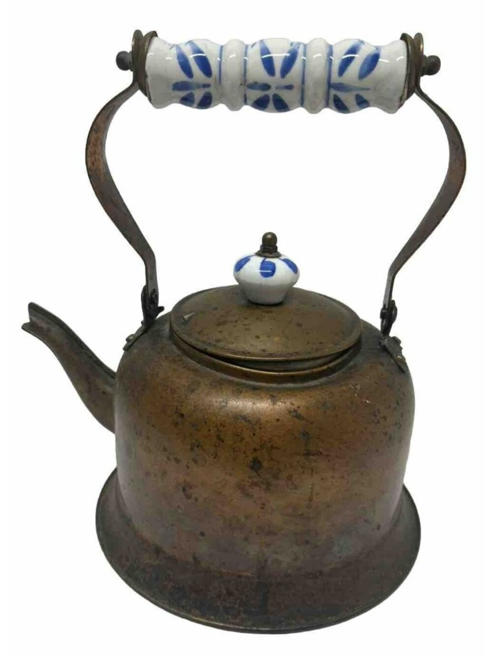 Vintage Copper Tea Pot w/ Blue & White Ceramic Handle Mid Century Pattern MCM